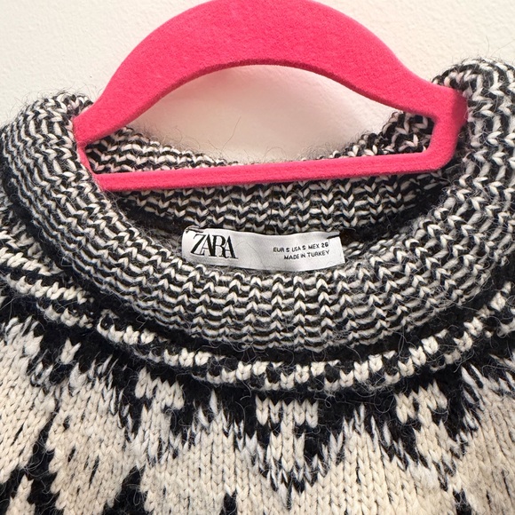 Zara Fair Isle Knit Sweater Black Cream Nordic Print Cozy Chunky - Picture 4 of 6